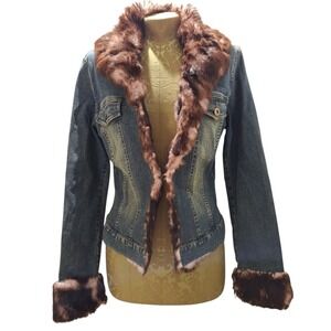 Amazinggg Y2K Vintage Sheri Bodell Blue Jean Jacket Brown Fur Trim Size Medium